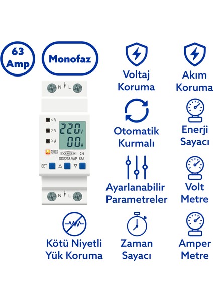 Hiking Voltaj ve Akım Koruma Rölesi Yüksek Alçak Gerilim ve Akım Koruyucu Röle 63A