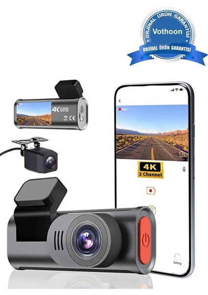4K Wifi Çift Kameralı Araç Kamerası Gece Görüşlü G-Sensörlü Dash Cam 170 Derece