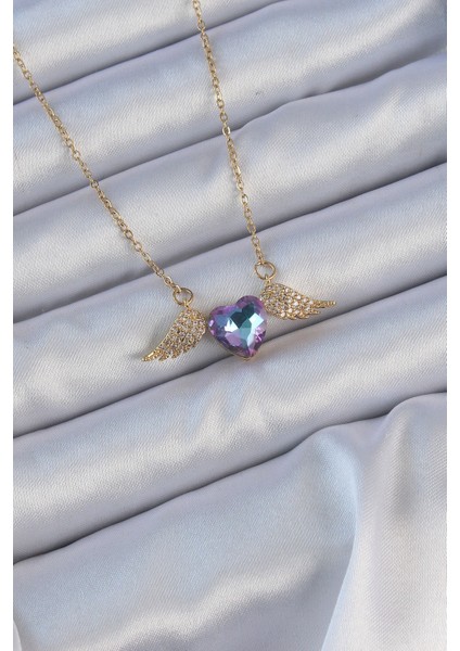 316L Çelik Zincir Altın Renk Mavi Mor Zirkon Taşlı Kanatlı Kalp Kolye