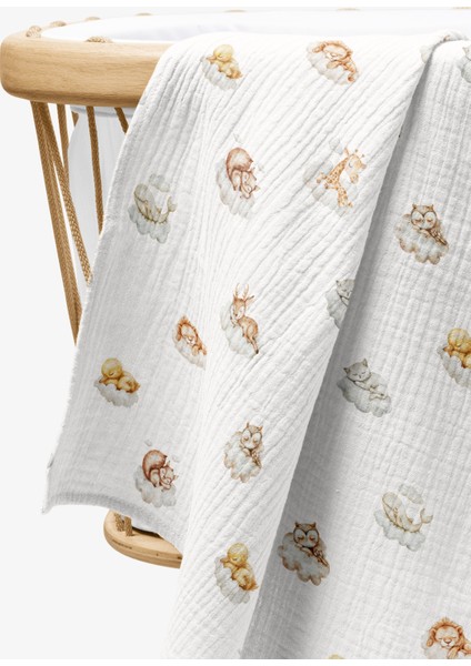 4 Katlı Müslin Örtü - Uykucular Desenli Bebek Müslin Battaniyesi - Dört Katlı Müslin 100X110 cm