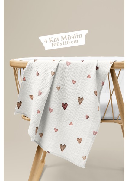 4 Kat Müslin Örtü - Kahverengi Kalp Desenli Bebek Battaniyesi - Dört Katlı Müslin 100X110 cm