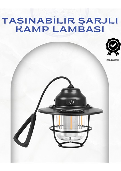 Geometrik Tasarımlı Vintage Kamp Lambası – Type-C Şarj, Ayarlanabilir Parlaklık