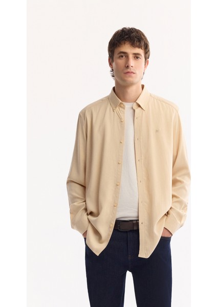 Erkek Vizon Düğmeli Yaka Keten Karışımlı Slim Fit Gömlek B002001