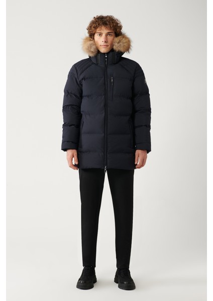 Erkek Lacivert Kuş Tüyü Dolgulu Çıkma Kürklü Su İtici Kumaşlı Mont A32Y6012
