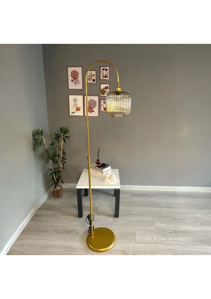Mopa Bal Rengi Cam Lambader Gold Gövde Dekoratif Metal Oturma Odası Zemin Lambası