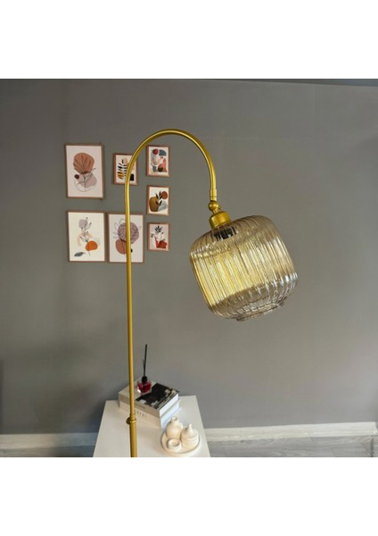 Mopa Bal Rengi Cam Lambader Gold Gövde Dekoratif Metal Oturma Odası Zemin Lambası