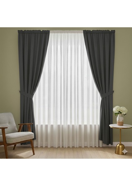 Ekonomik Perde Seti | 2 Adet Fon Perde Büzgülü (150X260) + 2 Adet Fon Perde Bağı + 1 Adet Sık Pileli Tül PERDE(300X260) | Ekru-Yıkama Torbası ve Stoper Kilit Hediyeli