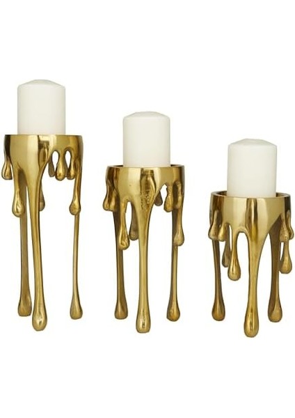 Cosmopolitan Tarafından Cosmoliving Alüminyum Metal Soyut Dekoratif Mumluk Erime Damla Mum Standı, 3&apos;lü Mum Tutucu Seti 12", 10", 8" H, Altın