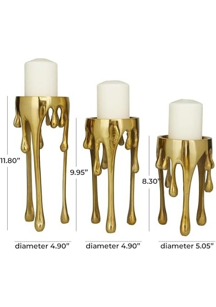 Cosmopolitan Tarafından Cosmoliving Alüminyum Metal Soyut Dekoratif Mumluk Erime Damla Mum Standı, 3&apos;lü Mum Tutucu Seti 12", 10", 8" H, Altın fiyatları