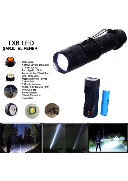 Orjinal 800 Lümen T6 Şarjlı El Feneri WT-086