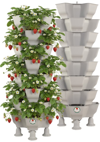 Yonca 8 Kat - Gri Katlı Kule Saksı Çilek Saksısı