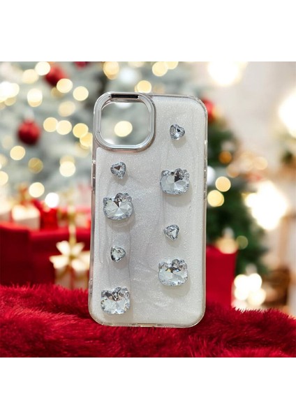 Apple Iphone 15 Uyumlu Gümüş Figür Taşlı Sert Kapak Kılıf