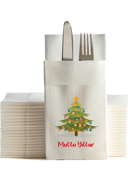 Kumaş Dokulu Yılbaşı Ağacı Baskılı Beyaz Cepli Peçete 6'lı