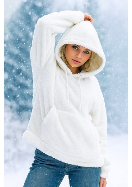 Peluş Kapüşonlu Kanguru Cepli Kadın Sweatshirt Beyaz