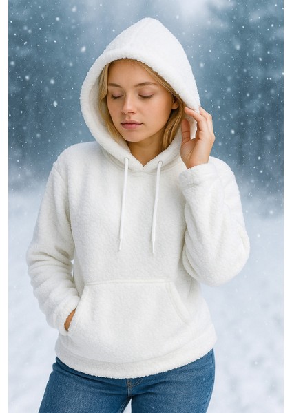 Peluş Kapüşonlu Kanguru Cepli Kadın Sweatshirt Beyaz fiyatları