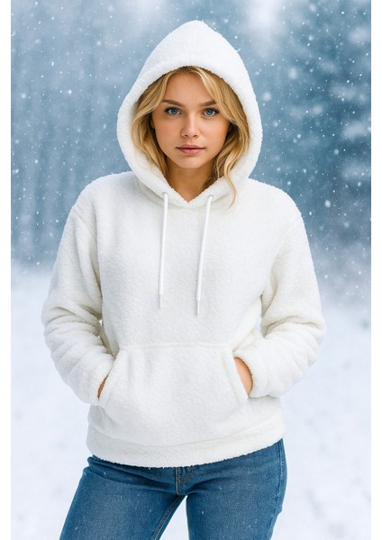 Peluş Kapüşonlu Kanguru Cepli Kadın Sweatshirt Beyaz modelleri
