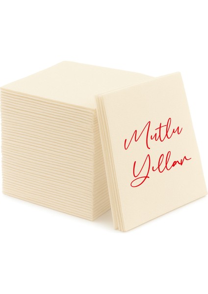 Kumaş Dokulu Bej Kırmızı Mutlu Yıllar Baskılı Peçete 12'li