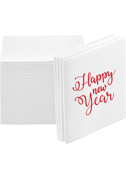 Kumaş Dokulu Happy New Year Baskılı Beyaz Peçete 12'li