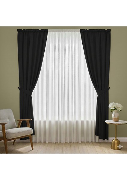 Ekonomik Perde Seti | 2 Adet Fon Perde Büzgülü (150X260) + 2 Adet Fon Perde Bağı + 1 Adet Sık Pileli Tül PERDE(300X260) | Ekru-Yıkama Torbası ve Stoper Kilit Hediyeli