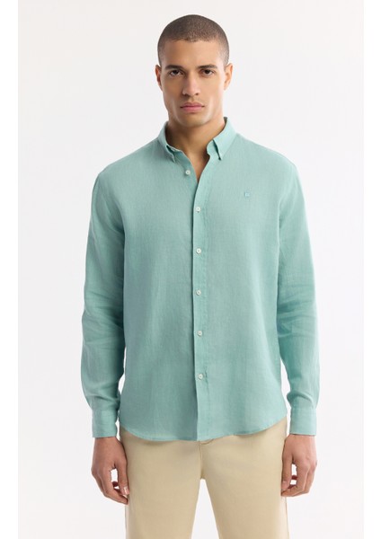 Erkek Mint Yeşil Düğmeli Yaka %100 Keten Comfort Fit Gömlek B002191