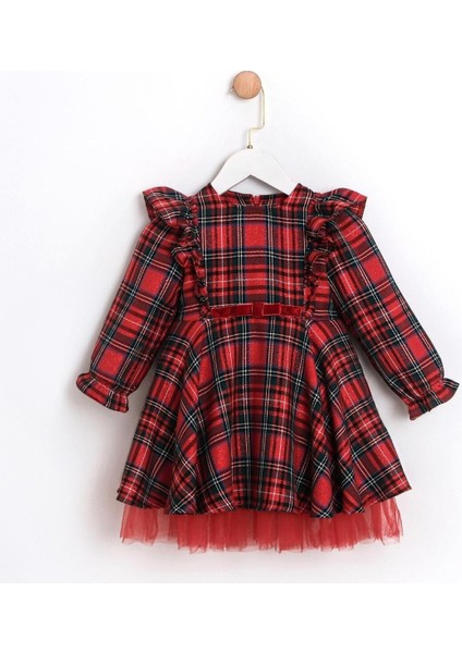 Julliet Ekose Desenli Kırmızı Etek Ucu Tüllü Kız Çocuk Özel Gün Elbisesi