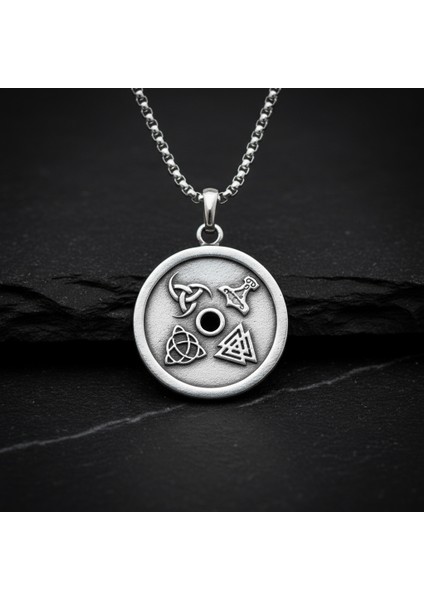 Vegvisir Pusula - Viking Sembol Gümüş Kaplama Örme Zincir Kolye