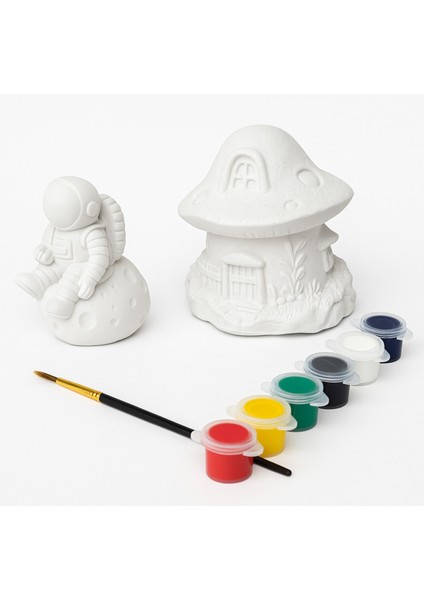 Astronot & Mantar Ev Alçı Boyama Seti – 2 Figür + 6 Renk Boya + Fırça – Hobi Etkinlik Seti