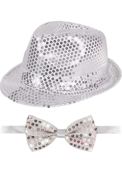Gümüş Payetli Şapka ve Papyon Seti – Parıltılı Yetişkin Kostüm Seti fiyatları