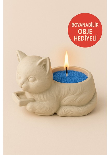 Kedi Figürlü Mum Yapım Seti | Boyanabilir Obje Hediyeli | Mavi