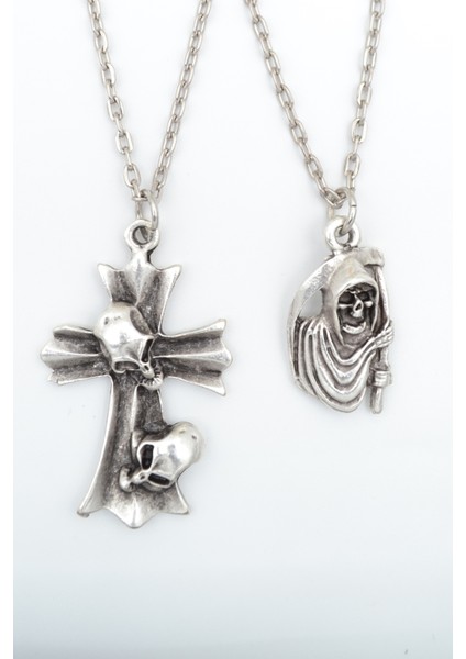 2'li Kuru Kafa Haç - Orak Azrail Gümüş Kaplama Kolye Seti