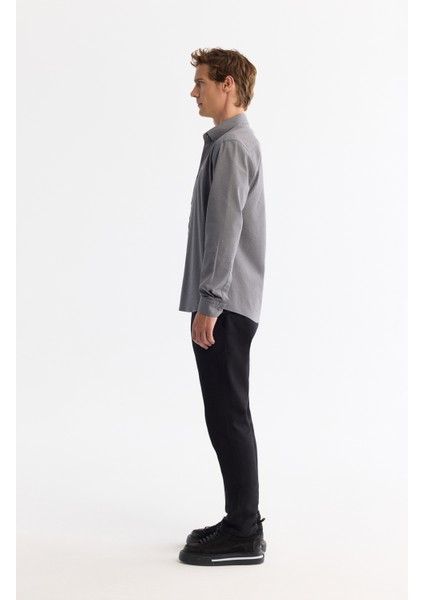 Erkek Gri Düğmeli Yaka Kolay Ütülenir Çizgili Slim Fit Gömlek A42Y2098
