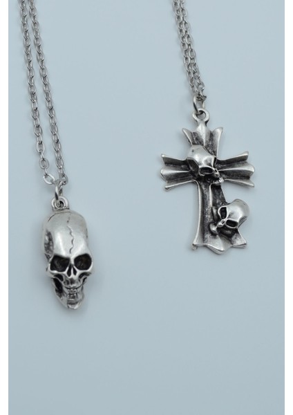 2'li Kuru Kafa Haç Kuru Kafa Gümüş Kaplama Kolye Seti