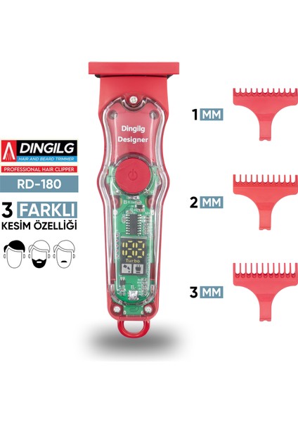 RD-180 Kırmızı Turbo Şarjlı Kademeli Saç Sakal Tıraş Makinesi Erkek Kişisel Bakım