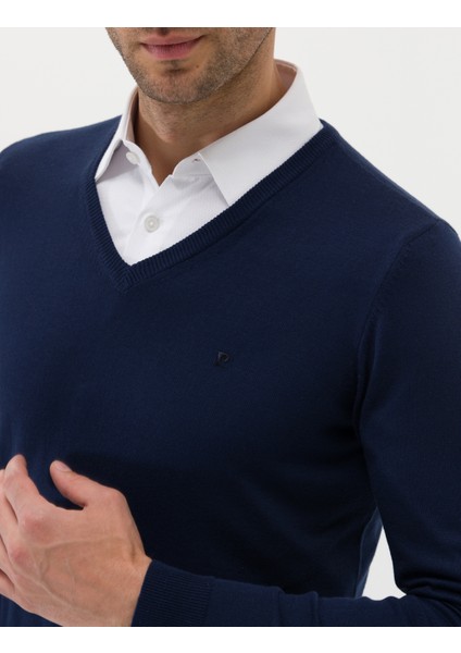 Erkek Açık Lacivert Slim Fit V Yaka Basic Triko Kazak 50276536-VR059