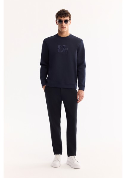 Erkek Lacivert Bisiklet Yaka Pamuklu Bi-Stretch Baskılı Regular Fit Sweatshirt A52Y1247