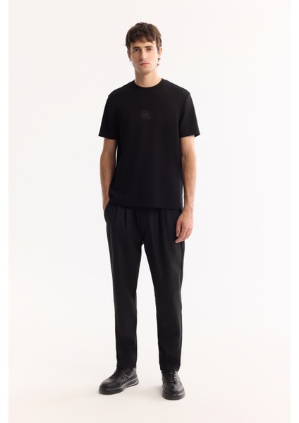 Erkek Siyah Bisiklet Yaka Viskon Karışımlı Bi-Stretch Baskılı Regular Fit T-Shirt A52Y1020