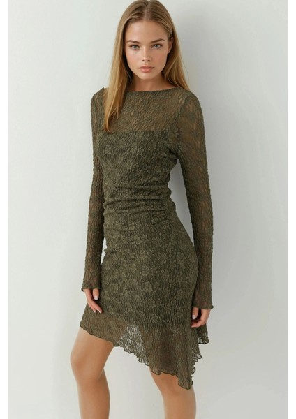 Kadın Kayık Yaka Asimetrik Dantel Mini Elbise Adaçayı Yeşili