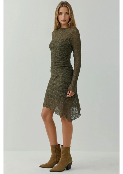 Kadın Kayık Yaka Asimetrik Dantel Mini Elbise Adaçayı Yeşili modelleri