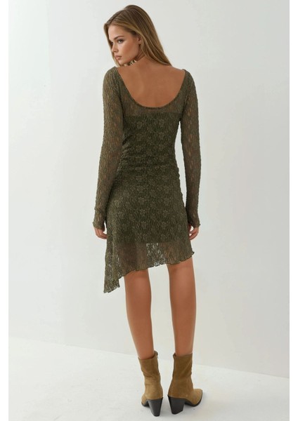 Kadın Kayık Yaka Asimetrik Dantel Mini Elbise Adaçayı Yeşili fırsatları