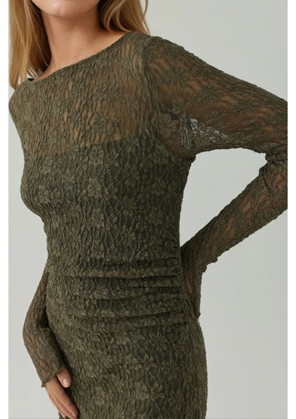 Kadın Kayık Yaka Asimetrik Dantel Mini Elbise Adaçayı Yeşili indirimleri