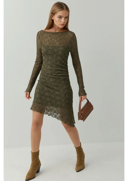 Kadın Kayık Yaka Asimetrik Dantel Mini Elbise Adaçayı Yeşili