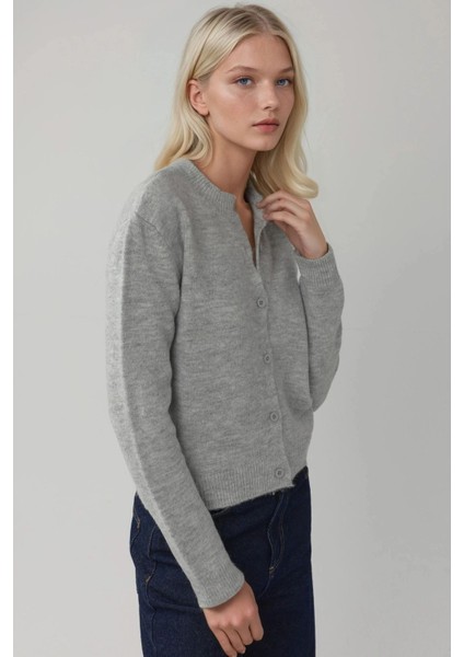 Kadın Bisiklet Yaka Yumuşak Dokulu Regular Fit Triko Hırka Gri fırsatları