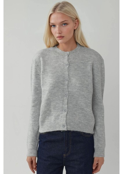 Kadın Bisiklet Yaka Yumuşak Dokulu Regular Fit Triko Hırka Gri