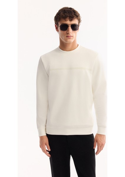 Erkek Ekru Bisiklet Yaka Pamuklu Bi-Stretch Baskılı Regular Fit Sweatshirt A52Y1325