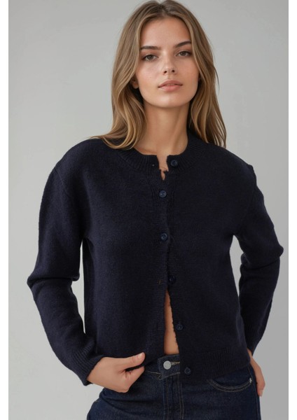 Kadın Bisiklet Yaka Yumuşak Dokulu Regular Fit Triko Hırka Lacivert