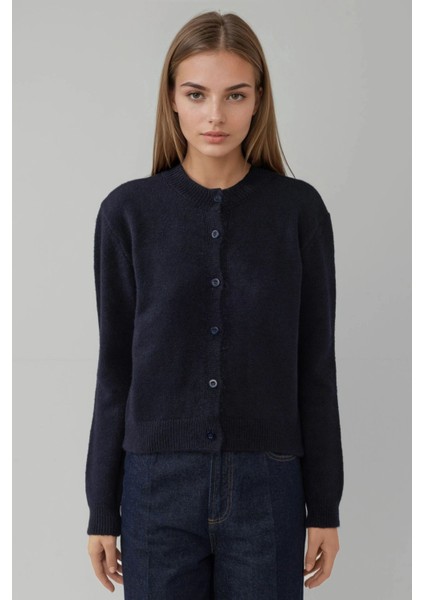 Kadın Bisiklet Yaka Yumuşak Dokulu Regular Fit Triko Hırka Lacivert