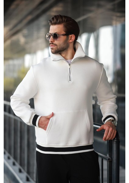 Ekru Fermuarlı Dik Yaka Kanguru Cep Erkek Sweatshirt E7159