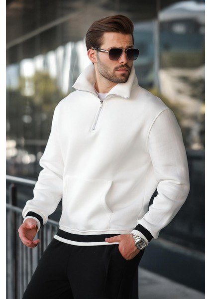 Ekru Fermuarlı Dik Yaka Kanguru Cep Erkek Sweatshirt E7159 fiyatları