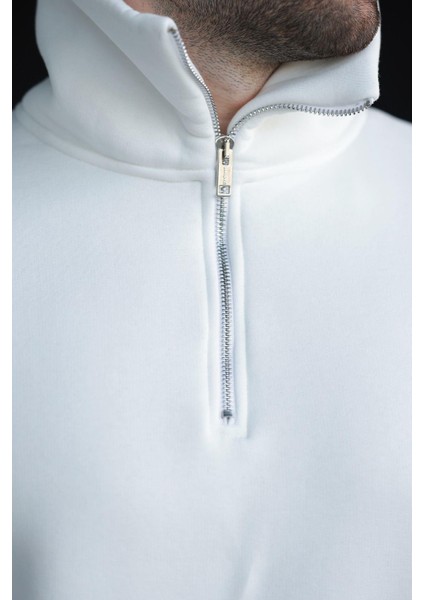 Ekru Fermuarlı Dik Yaka Kanguru Cep Erkek Sweatshirt E7159 modelleri