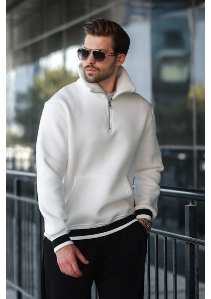 Ekru Fermuarlı Dik Yaka Kanguru Cep Erkek Sweatshirt E7159 fırsatları
